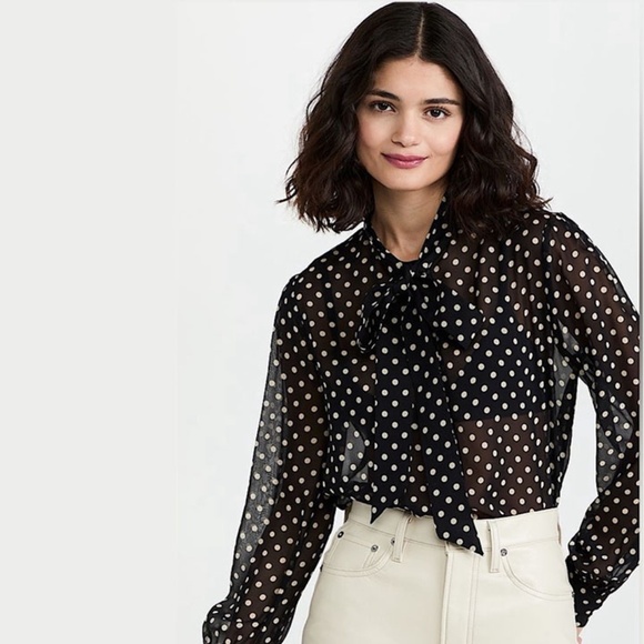 ADRIANNA PAPELL Sheer Black Tie-Neck Deco Dot Blouse - Picture 1 of 12